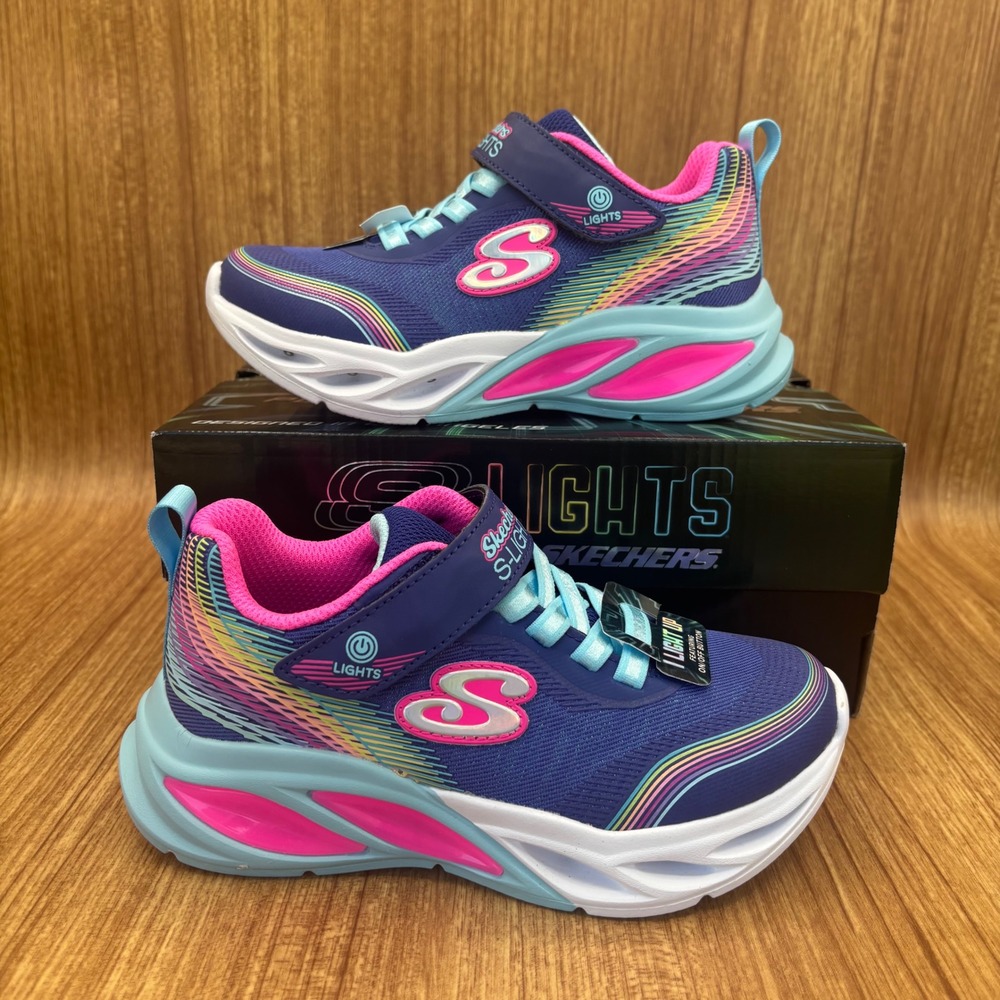 Skechers S-Lights Cosmic Glow Rainbow Beam Kids 11 Navy Multi Light Up NEW